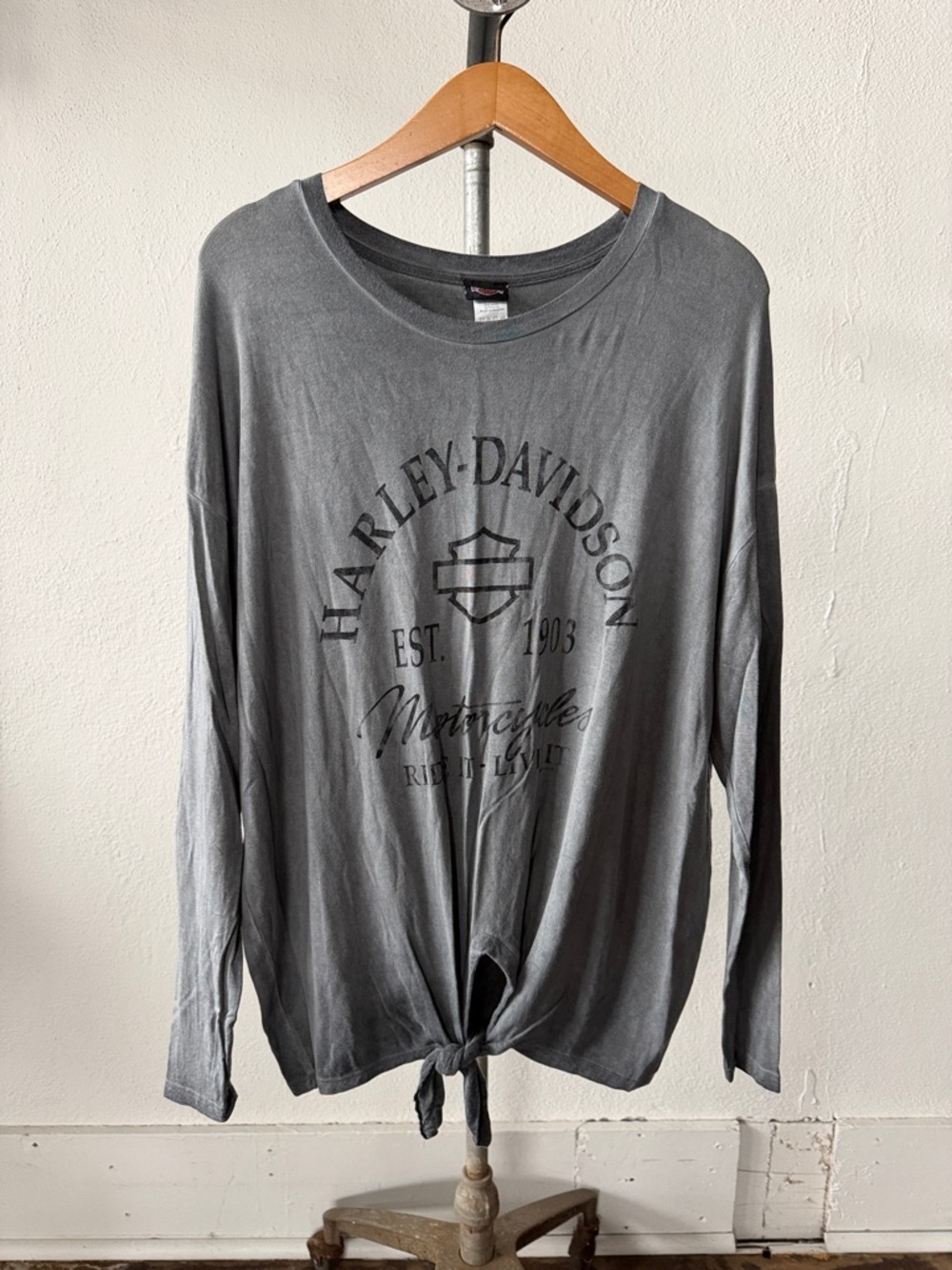 Harley-Davidson Charcoal Gray Long Sleeve Tie-Front Top